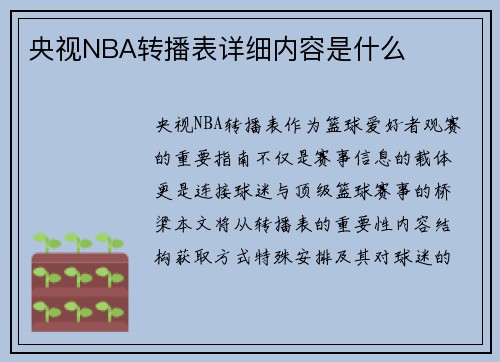 央视NBA转播表详细内容是什么